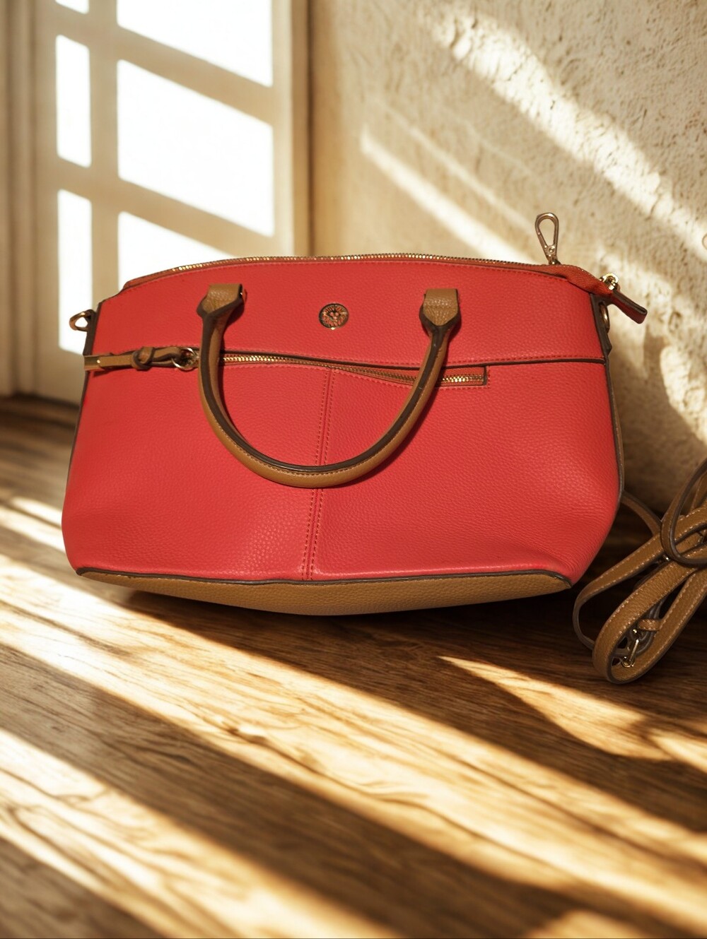 Anne Klein Colorblock Satchel – Coral & Tan